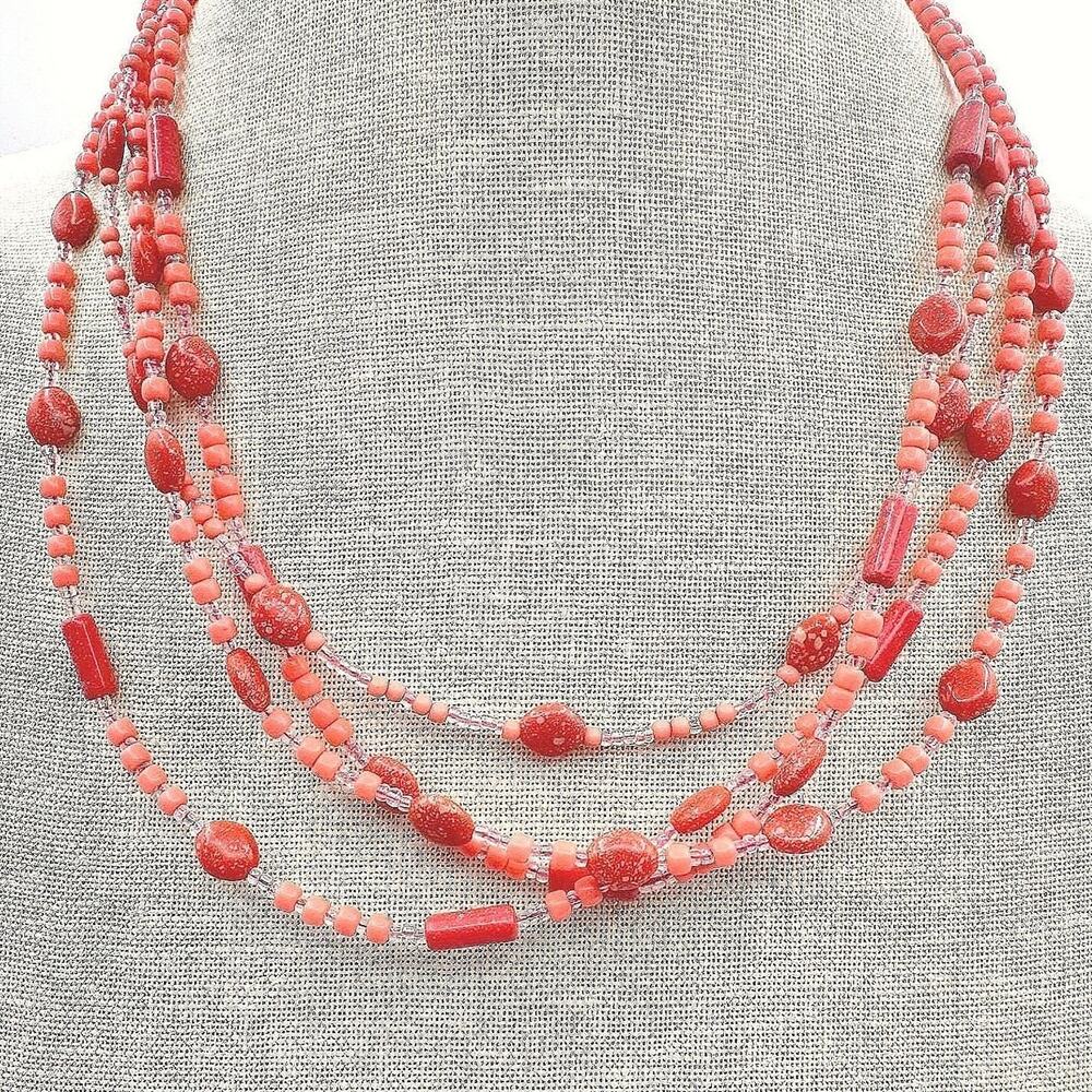 Vintage 70s Vibrant Red Coral Strands Statement Necklace Boohoo Beach Jewelry